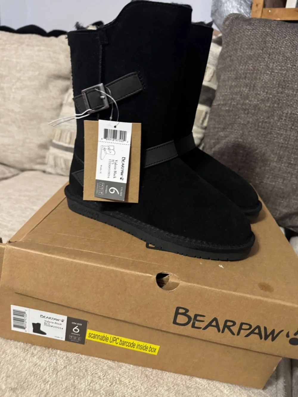 BearPaw Valerie Black Suede Short Shearling Boots with Buckle Strap